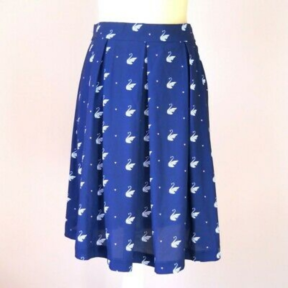 Modcloth Navy White Swans Pink Hearts Skirt UK10